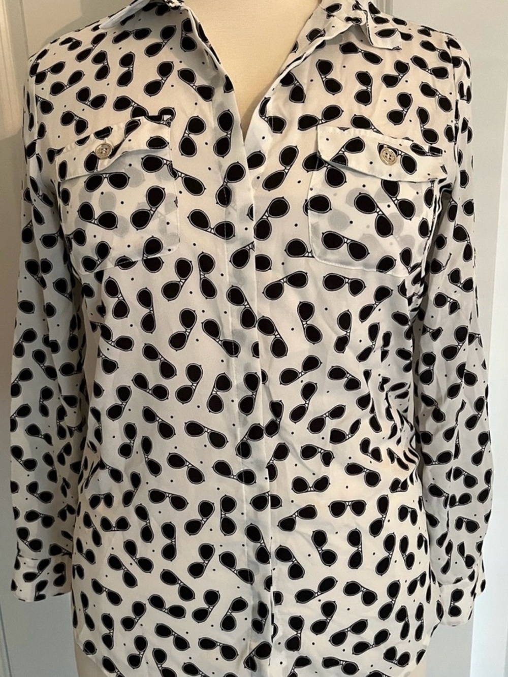 Karl Lagerfeld White Button-Up Blouse Shirt with Black Sunglasses Print Medium